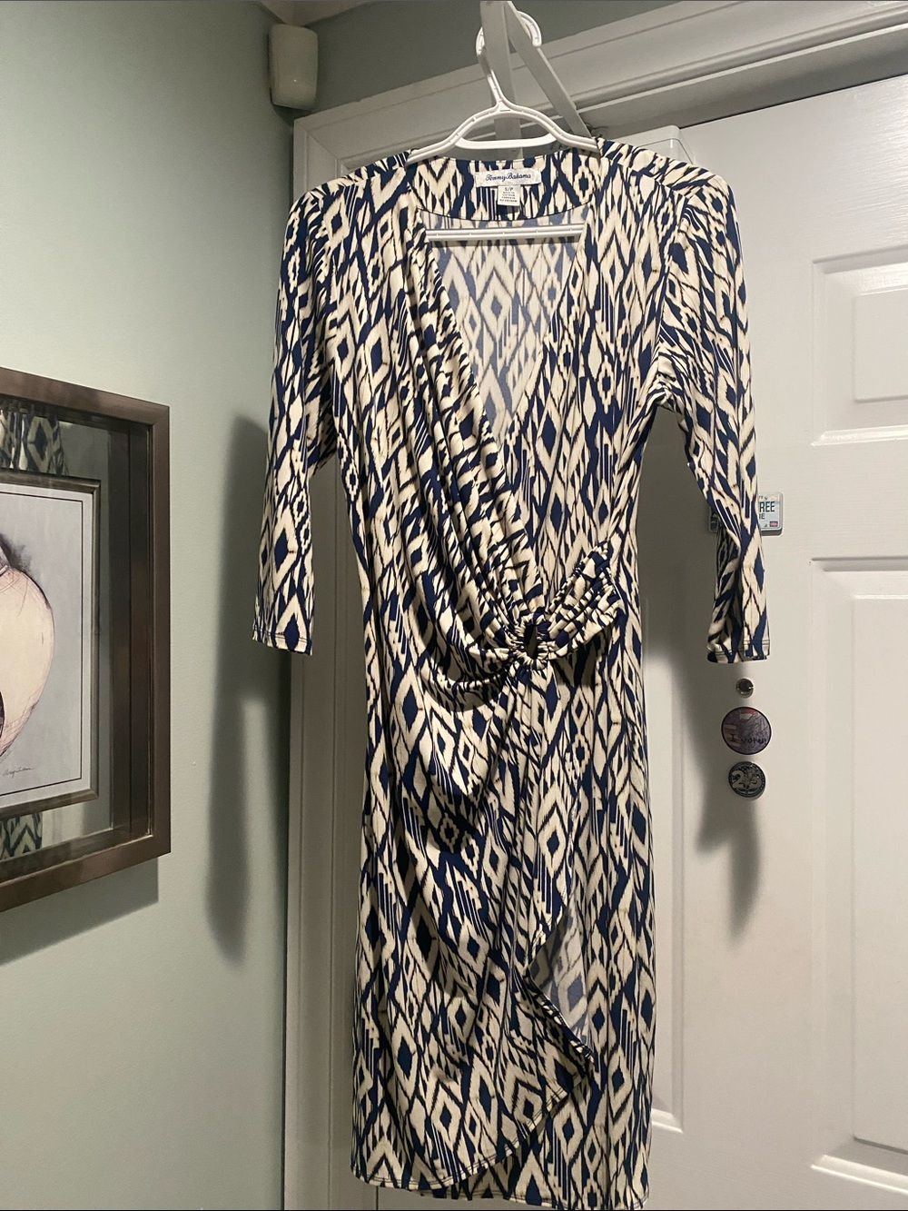 Tommy Bahama Navy and Cream Long Sleeve Wrap Dress